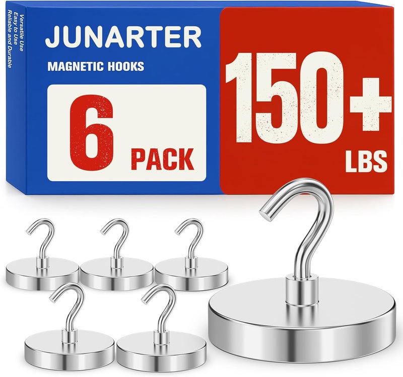 Junarter 6Pack Strong Magnetic Hooks, 150lbs Magnet Hooks Heavy Duty, Metal Magnetic Hooks for Cruise Cabins, Magnet with Hooks, Magnetic Hook for Hanging, Refrigerator, Garage, Outdoor - Image 1